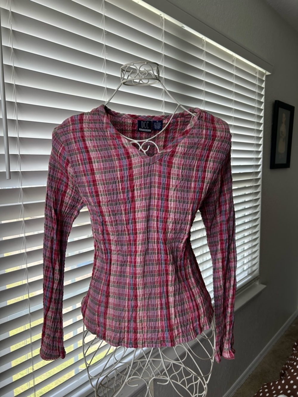 DCC Women's Pink Plaid Long-Sleeve Blouse